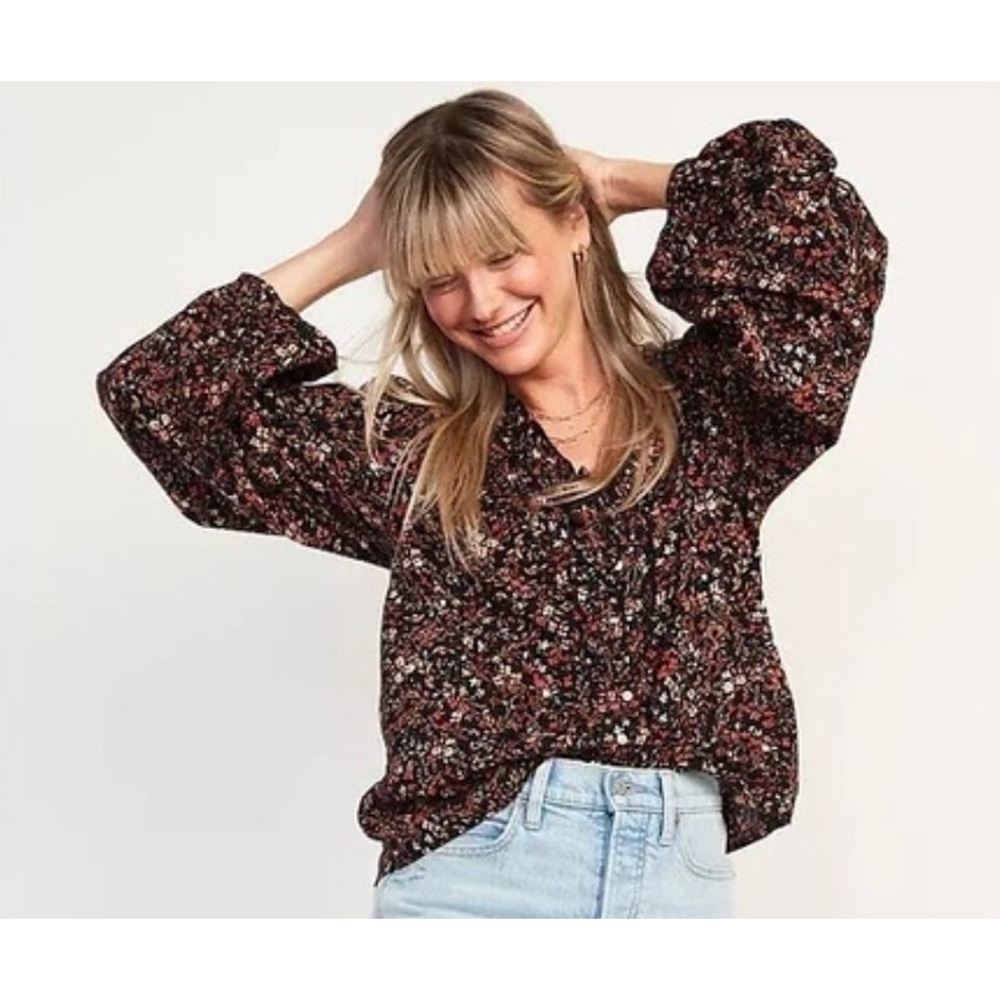 OLD NAVY Women's Cotton Blend Balloon Long Sleeve Blouse Size 2X Dark Floral
